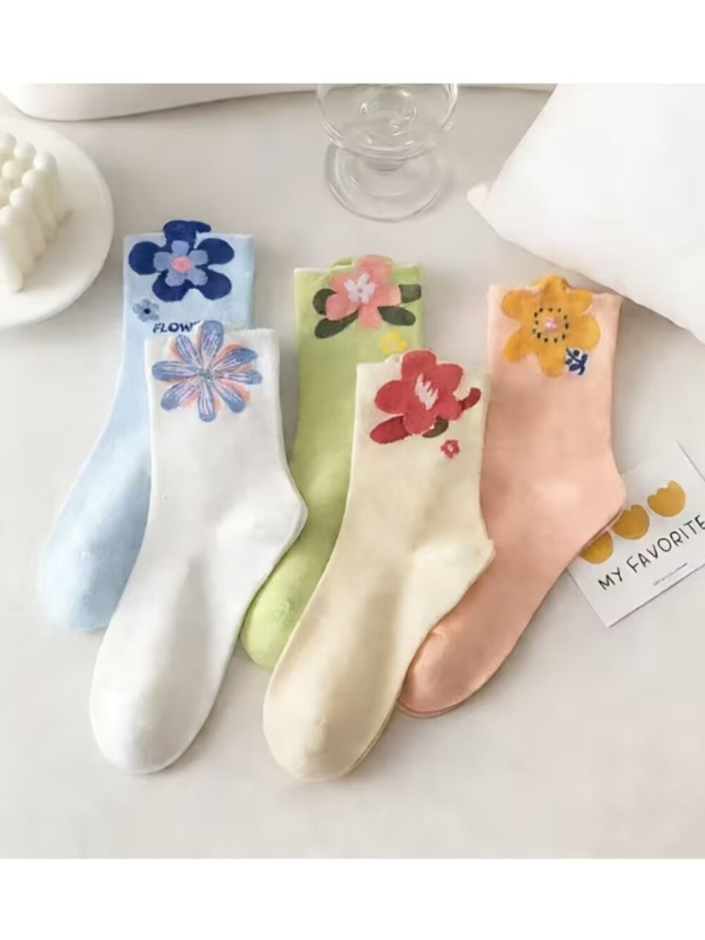 5 Pairs, Colorful Floral Designs, Mid-Calf Length Socks